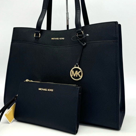 Michael Kors Large MF Pocket Shoulder Tote Bag & Double Zip Wallet Black/Gold - Picture 1 of 16